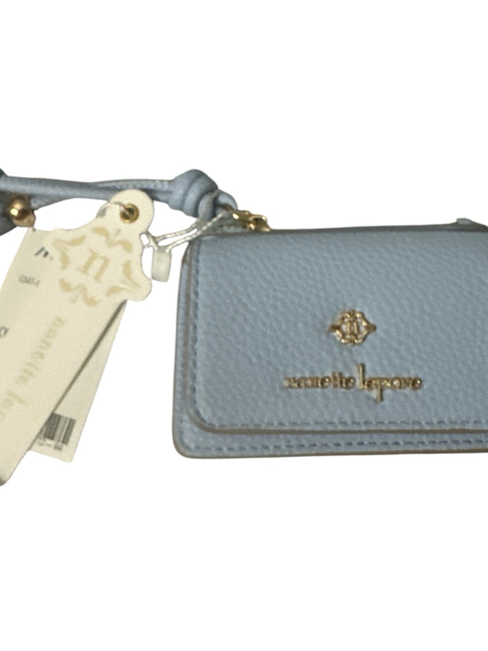 NWT Nanette Lepore Powder Blue Leather Wristlet Card Holder with Gold Logo charm